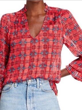 Aqua X Pendleton red smocked puff shoulder ruffled cuff Wyeth Trail chic top XS